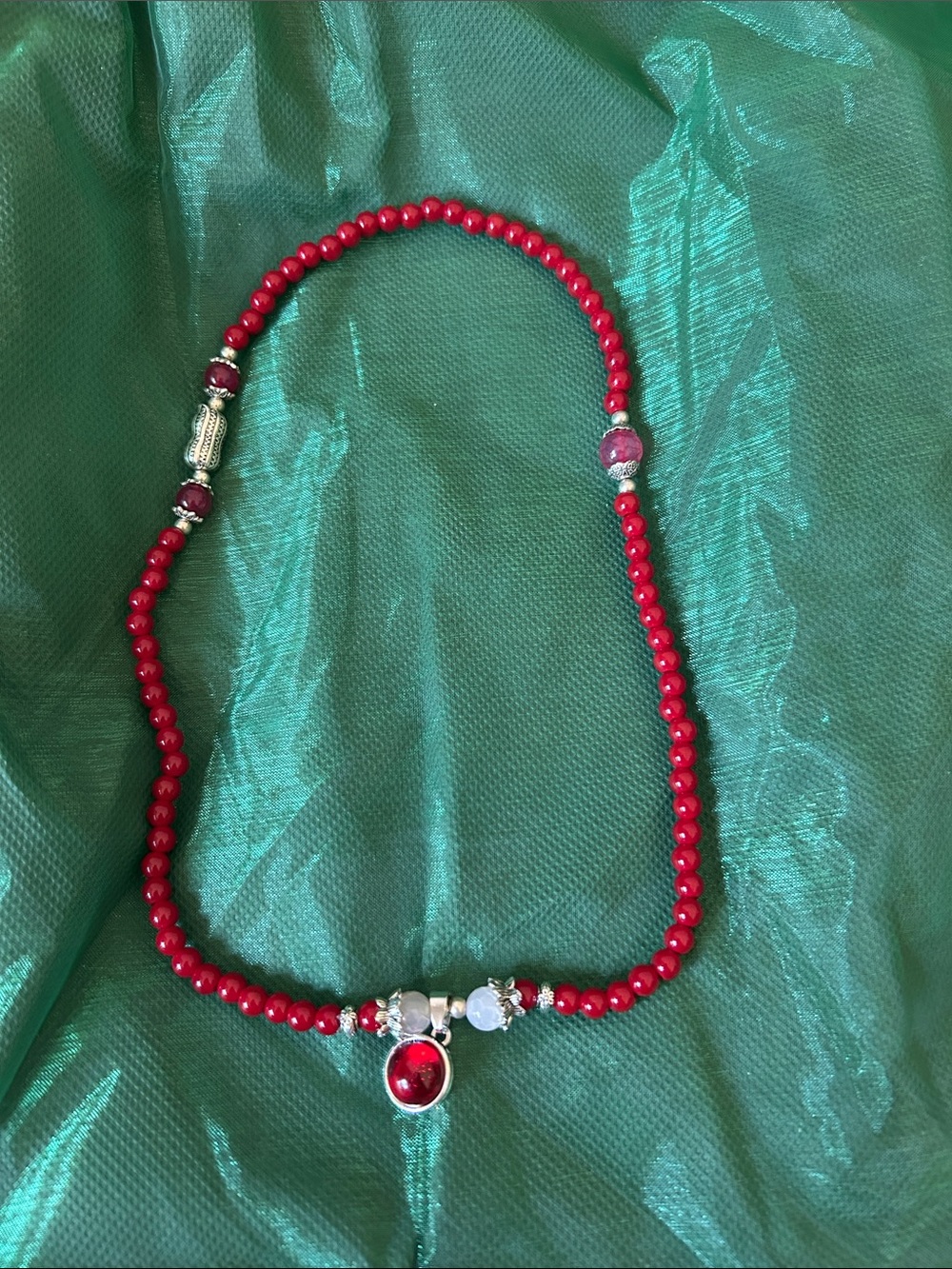 Red Beaded Pendant Necklace or triple banded bracelet